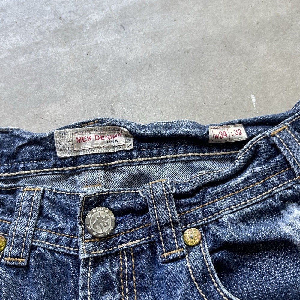 MEK Denim Jeans Mens 34x32 Blue Minsk Boot Cut Distressed Faded Skater Pockets - Picture 3 of 8